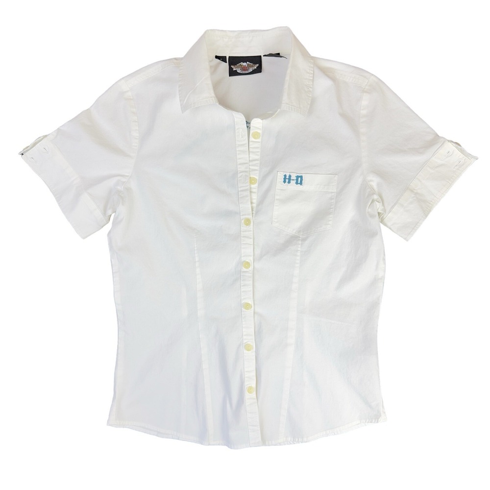 Harley Davidson Motorcycles Women's White Button Up Short Embroidered Sz Small